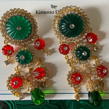 HUGE Green & Red flower Crystal Chandelier Earrings