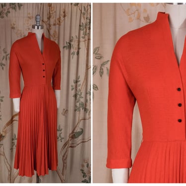 1950s Dress - Smart Autumnal Orange Wool Jersey Knit Vintage 50s Day Dress with Perma-pleated Skirt from Bonwit Teller 
