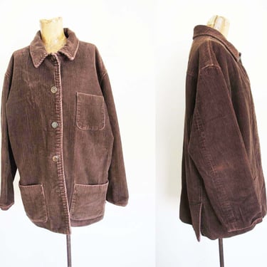 Vintage 90s GAP Corduroy Chore Coat Lined L - 1990s Brown Cord Pocket Jacket - Earth Tone Minimalist Style 