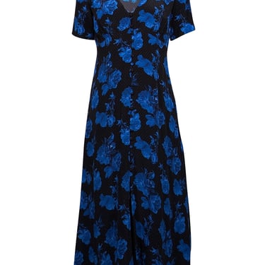 The Kooples - Black & Blue Dot & Rose Print Midi Dress Sz 4