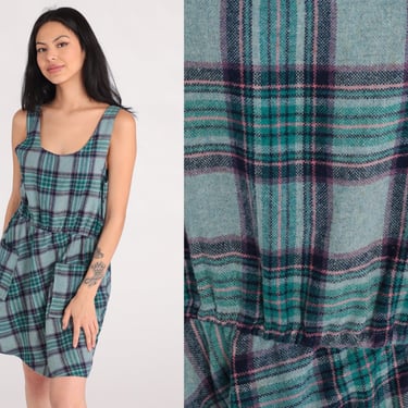 70s Mini Dress Blue Green Plaid Dress Jumper Dress Checkered Print Preppy Sleeveless 1970s High Waisted Dress Vintage Retro MiniDress Medium 