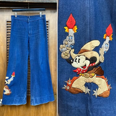 Vintage 1970’s w31 “Antonio Guiseppe” Mickey Mouse Disney Denim Flare Disco Jeans Pants, 70’s Embroidery, Vintage Clothing 