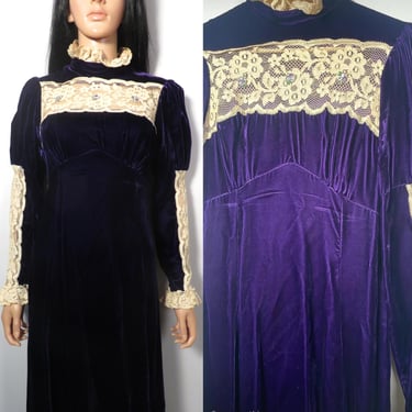 Vintage 60s/70s Purple Velvet Cottagecore Prairie Neo Victorian Goth Gunne Sax Style Maxi Dress Size S/M 