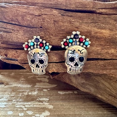 MEXICAN CALAVERAS Turquoise Coral Amethyst Beads & Sterling Silver Stud Earrings | Dias de los Muertos | Mexico | Mexican Silver Jewelry 