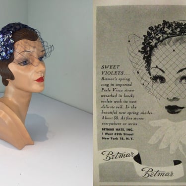 All Those Sweet Violets - Vintage 1950s Iridescent Violet Sequin Veiled Half Hat Headband 