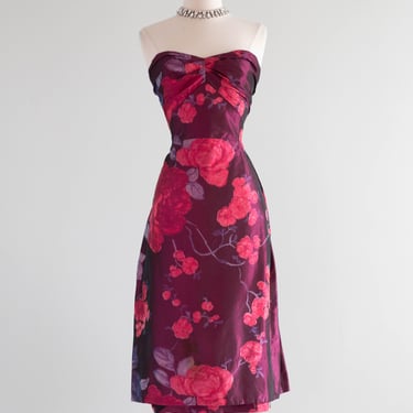 Exquisite 1950's Helen Rose Silk Party Dress In A Rose Print Taffeta / Medium