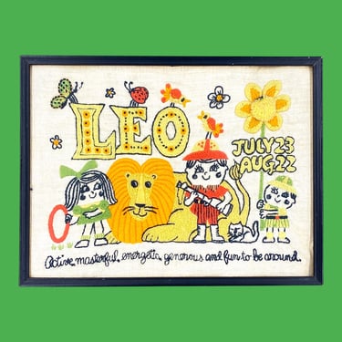 Vintage Leo Zodiac Crewel 1970s Retro Size 13x17 Mid Century Modern + Paragon + Lion + Embroidery + July/Aug Birthday + Kids Room/Nursery 