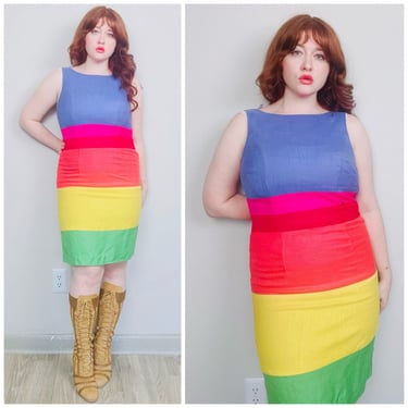 1990s Vintage Color Block Rainbow Wiggle Dress / 90s Linen Sleeveless Tank Pencil Dress / Medium 