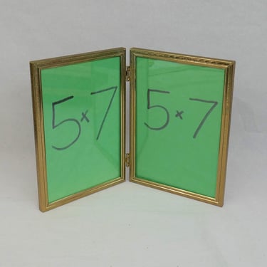 Vintage Hinged Double Picture Frame - Tabletop Gold Tone Metal w/ Glass - Holds Two 5