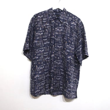 vintage SILK oversize slouchy SEINFELD pattern button down Streetwear shirt -- size LARGE silk men's shirt 