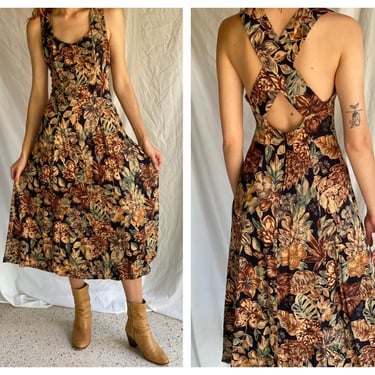 90s Rayon Dress / Easy Midi Dress / Crossback Strappy Dress / Casual Dress / Hippie Festival Dress / Floral on Black Print Dress / Nineties 