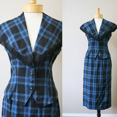 1940s Blue and Black Plaid Wool Fringed Skirt Set 