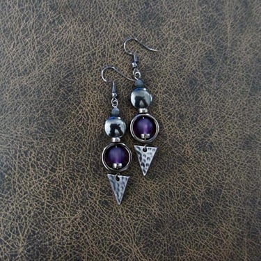 Purple sea glass earrings, boho chic earrings, tribal ethnic earrings, bold earrings, gunmetal earrings, unique artisan earrings, gray 