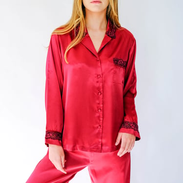 Vintage 80s Oscar De La Renta Cranberry Jewel Tone Satin Loungewear Set w/ Black Lace Trim | Lingerie, Sleepwear | 1980s Designer Pajamas 