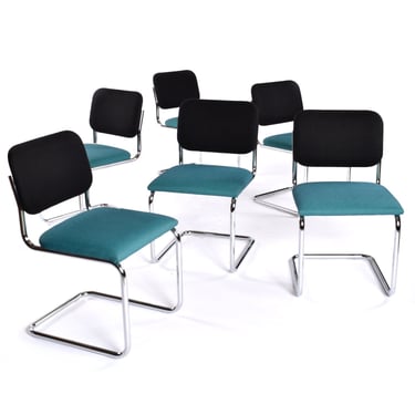 Set of 6 Marcel Breuer for Knoll Blue and Black Upholstered Cantilever Chrome Cesca Chairs 