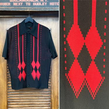 Vintage 1960’s Black x Red Mod Knit Rat Pack Panel Rockabilly Shirt, 60’s Vintage Clothing 