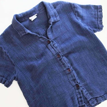 Vintage 90s Navy Blue Woven Linen Shirt S M - 1990s Collared Short Sleeve Natural Fiber Top 