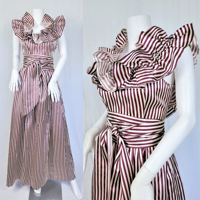 1980's Burgundy Cream Striped Satin Gown Southern Gothic I Sz Med I Deadstock with Tags 