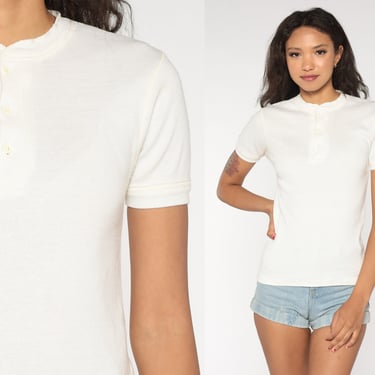 White Henley Shirt 80s 90s Short Sleeve Shirt Plain T Shirt Undershirt 1980s Retro Tee Vintage Normcore Cotton Shirt Small 