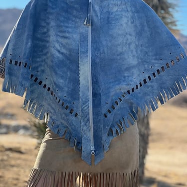 Suede Leather Poncho / 70's Fringe Cape / Laser Cut Zip Up Cape / Blue Fringe Cape in Suede Leather 