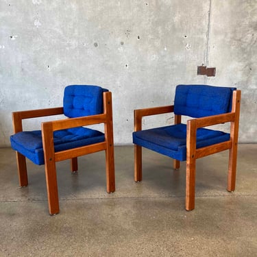 1970's Solid Teak Armchair With Nubby Blue & Black Original Upholstery