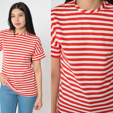 70s Striped Shirt Red White Jonathan Logan Blouse Retro Shirt Striped T Shirt Mod Tshirt Vintage 1970s Blouse Short Sleeve Nautical Small 