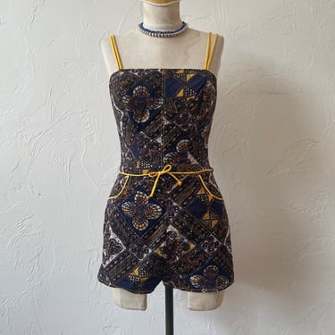 Vintage Catalina Batik Navy Yellow &amp; Brown Strapless Romper S