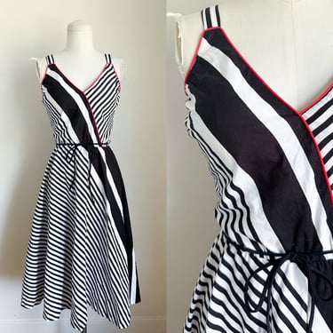 Vintage 1970s Black, White & Red Striped Sundress / S-M 