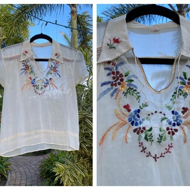 1930's Hungarian Blouse / Sheer Viscose Embroidered Peasant Blouse with Colorful Threading / Semi Sheer / Collar Blouse with Puffy Sleeves 