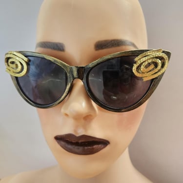 Custom OOAK Cat Eye Sunglasses, Hand Painted Sunglasses, Redesigned Sunglasses by Amanda Hunter , Gold Deco Trim, Avant Garde Sunglasses 