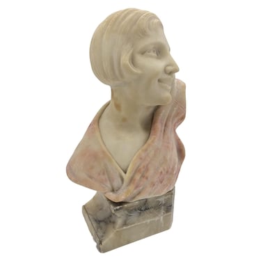 1930s Art Deco Hand Carved Female Flapper Girl Alabaster Bust 