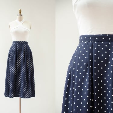 navy blue polka dot skirt | 80s 90s vintage dark blue white swiss dot cute cottagecore midi skirt 