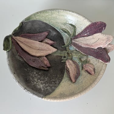 Vintage Handcrafted Art Pottery Bowl with Floral Relief Design 