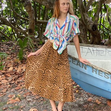 80s Cotton Skirt / Leopard Printed Panel Midi Skirt with Mermaid Flare Hem / Eighties Cotton Jersey Skirt 