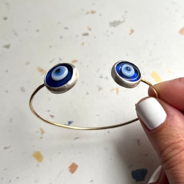 Evil Eye Times Two Cuff in Solid 14k Yellow Gold and Sterling Silver Handmade Open Top Bracelet Blue Eyes 
