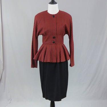 80s Red Black Check Dress - Peplum - 80s does 40s - Thick Shoulder Pads - Jackie Bernard for Eklektic - Vintage 1980s - S 