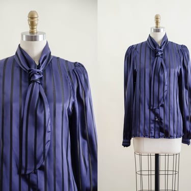 ascot tie neck blouse | 70s 80s vintage George Masket navy blue sheer black striped charmeuse dark academia puff sleeve shirt 