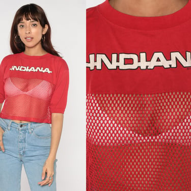 Indiana Shirt 80s Red Mesh Crop Top Sheer Cropped T-Shirt University Bloomington College Tee IU Hoosiers Festival Sexy Vintage 1980s Medium 