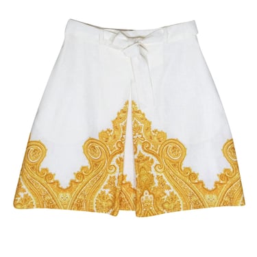 Zimmermann - White Single Pleated Miniskirt w/ Gold Print Sz 0