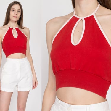 Small 70s Red Keyhole Halter Crop Top | Vintage Low Back Ringer Trim Cropped Summer Shirt 
