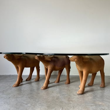 70's Vintage Hand Carved Wooden Water Buffalos Sculptural Coffee Table 