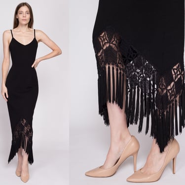 S| 90s Black Knit Fringe Maxi Dress - Small | Vintage Slinky Low Back Fitted Sleeveless Cocktail Party Gown 
