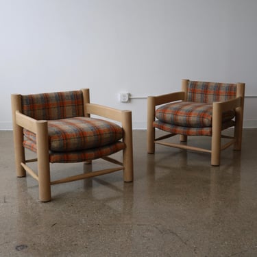 1980s White Oak Chairs in Pierre Frey Virgin Wool Plaid, a pair 