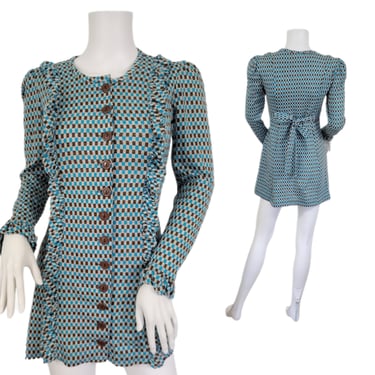 1970's Poly Knit Blue Brown Checkerboard Print Mini Dress I Sz Sm 