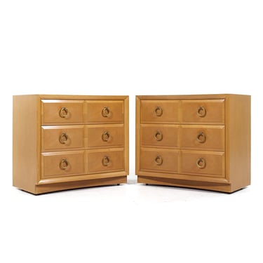 T.H. Robsjohn Gibbings for Widdicomb Modern Mid Century Maple and Brass Three Drawer Chest - Pair - mcm 