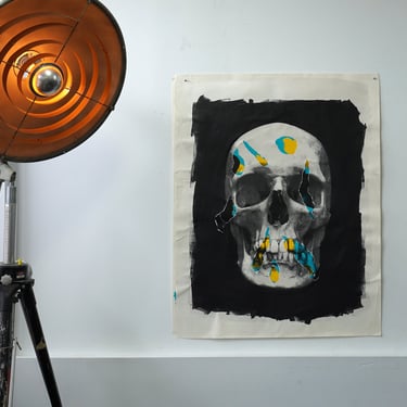 Large Skull Decollage on Heavy Drawing Paper ( Pearl Silver, Teal, and Yellow)