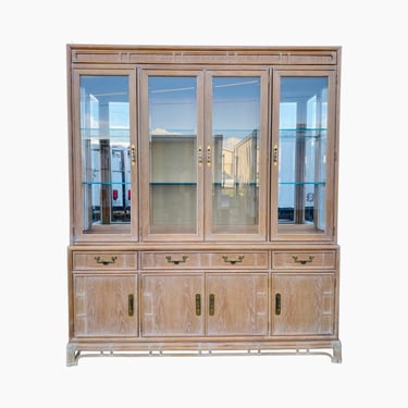 Vintage Chinoiserie China Cabinet by Stanley - Illuminated Glass & Mirror Display Case Hollywood Regency Rattan Faux Bamboo Style Furniture 