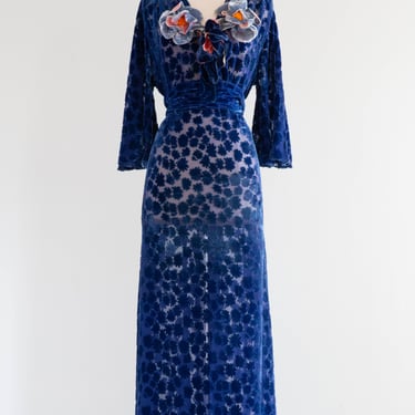 Rare 1930's Burnout Sapphire Blue Silk Velvet Evening Gown With Poppies / Large