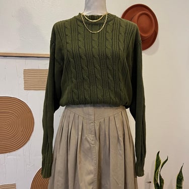 Vintage 90s Liz Claiborne Classic Olive Green Chunky Cotton Cable Knit Sweater M 