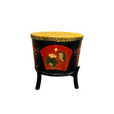 Chinese Tibetan Black Red Floral Graphic Round Drum on Stand cs7439E 